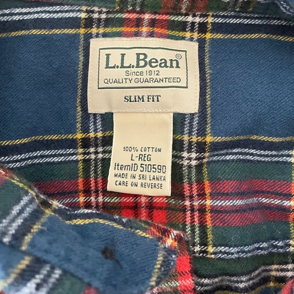 LL Bean Slim Fit 100% Cotton Flannel Shirt Plaid Button Up Blue Green Red Mens L - Picture 5 of 8